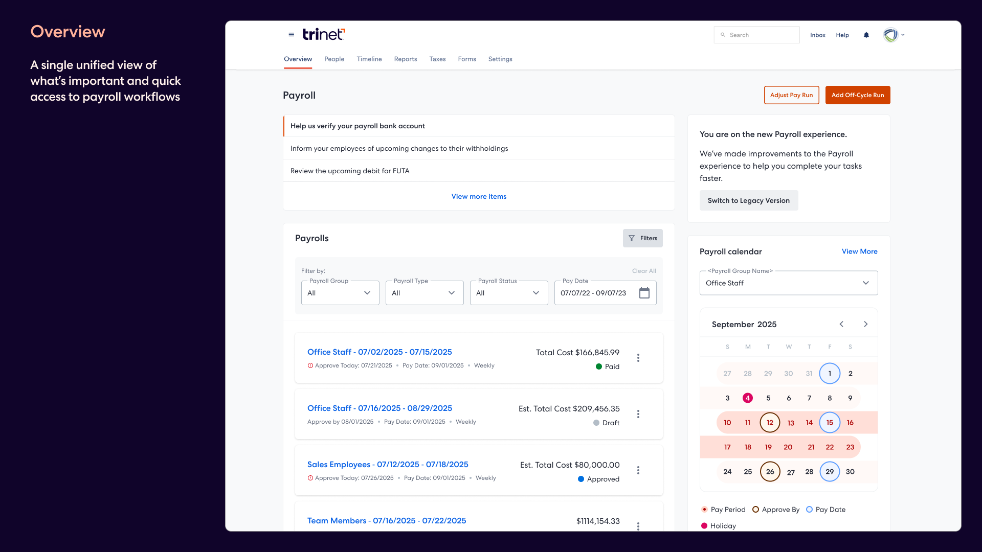 Payroll dashboard – notifications, payroll list, and calendar
